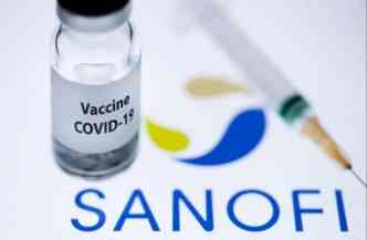 Símbolo da SANOFI com um frasco de vacina da COVID-19 e uma seringa ao lado