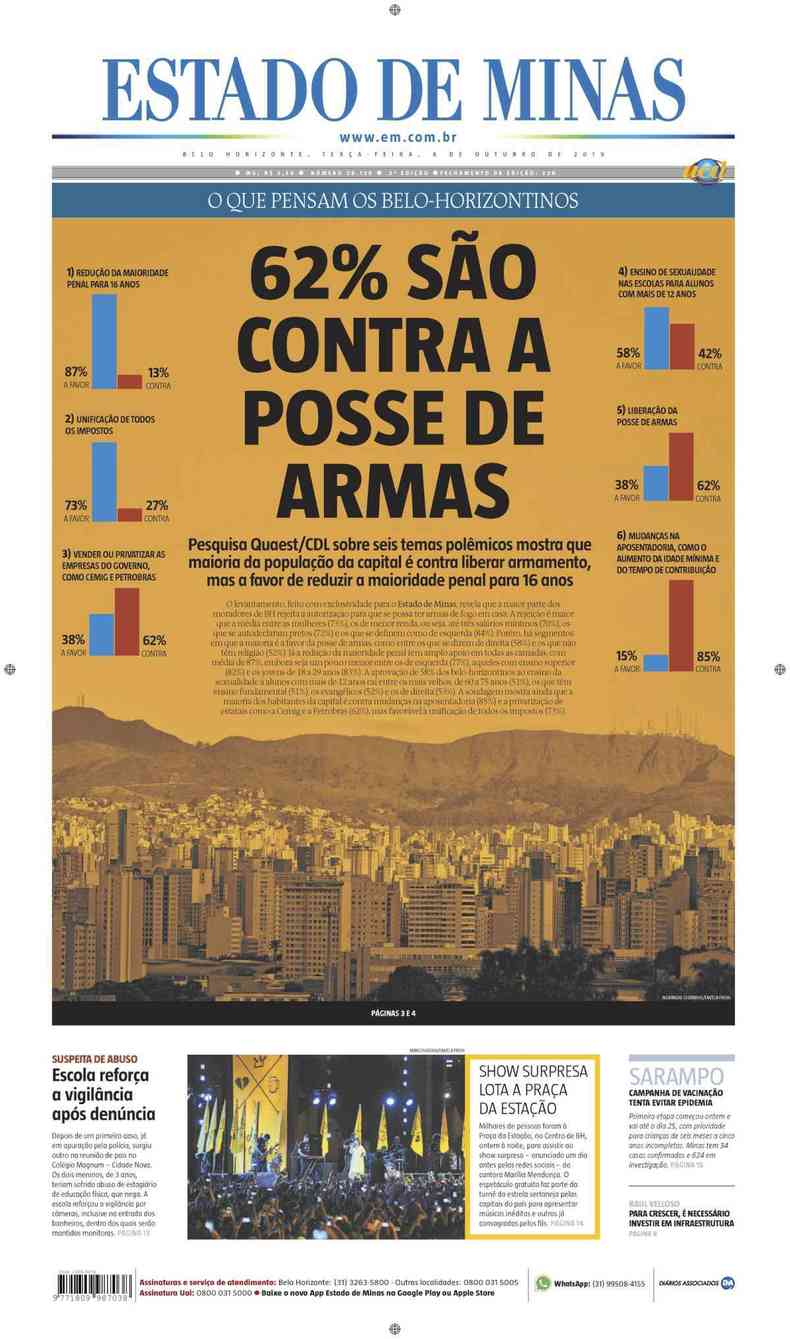 Confira a Capa do Jornal Estado de Minas do dia 08/10/2019(foto: Estado de Minas)