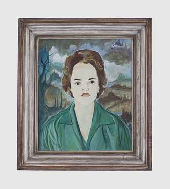 Retrato de Priscila Freire pintado por Guignard mostra a colecionadora de camisa verde com paisagem de natureza atrs 