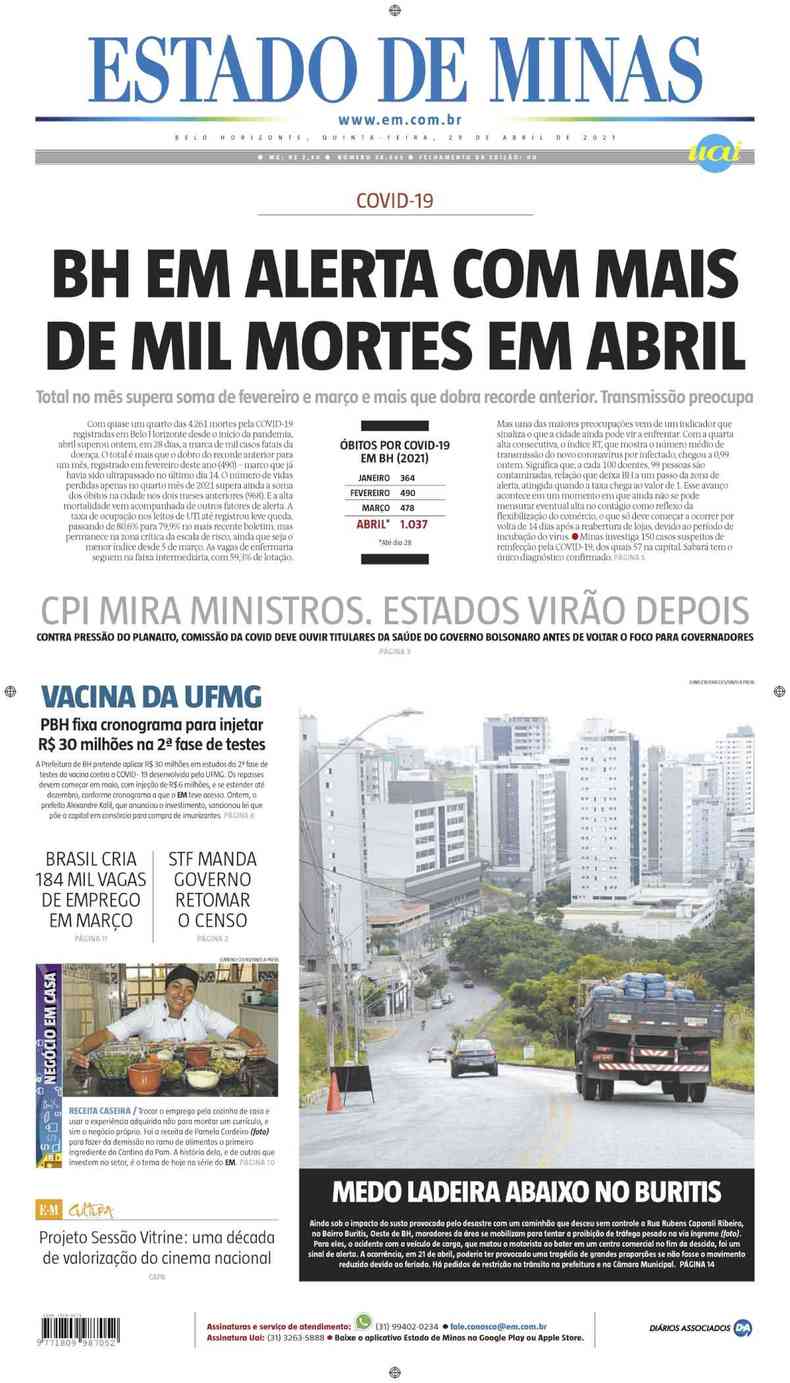 Confira a Capa do Jornal Estado de Minas do dia 29/04/2021(foto: Estado de Minas)