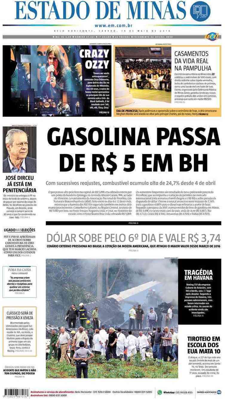 Confira a Capa do Jornal Estado de Minas do dia 19/05/2018