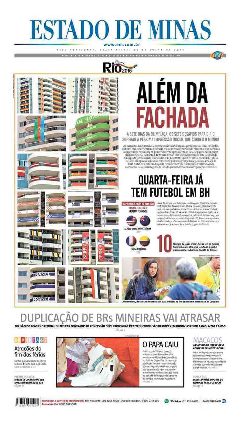 Confira a Capa do Jornal Estado de Minas do dia 29/07/2016