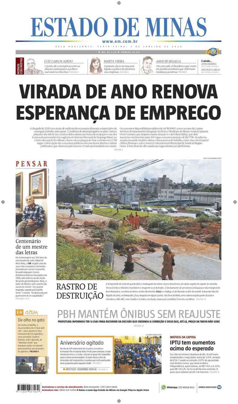 Confira a Capa do Jornal Estado de Minas do dia 03/01/2020(foto: Estado de Minas)