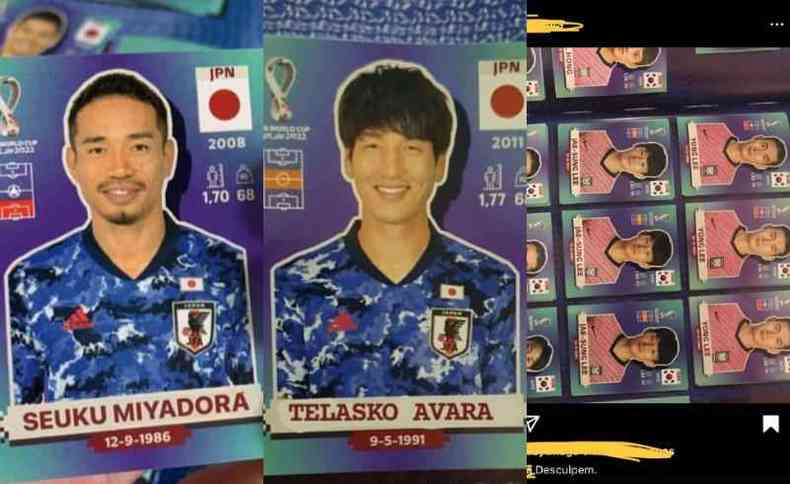 Figurinhas da Copa alteradas para que os nomes dos jogadores se tornassem trocadilhos em português 4; e as páginas do álbum da Coreia com figurinhas repetidas de jogadores coreanos