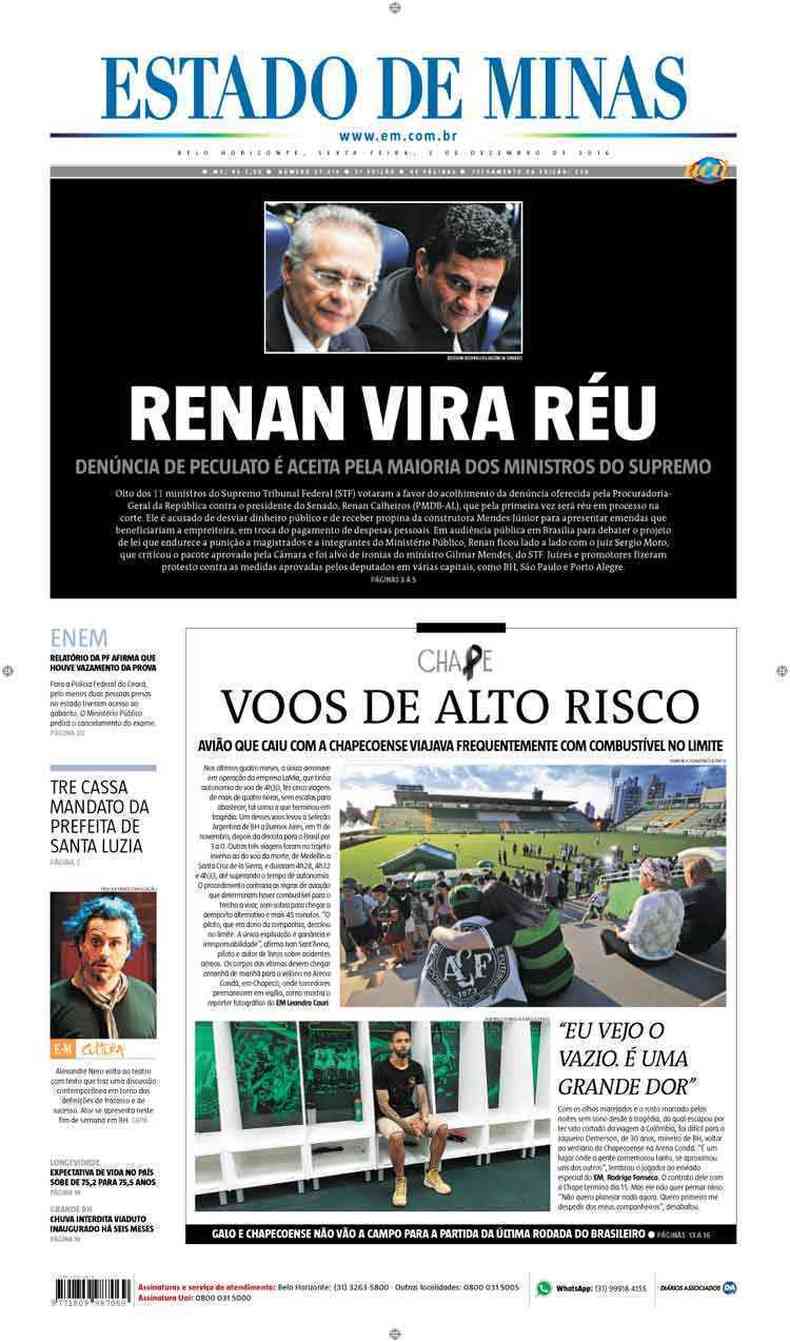 Confira a Capa do Jornal Estado de Minas do dia 02/12/2016