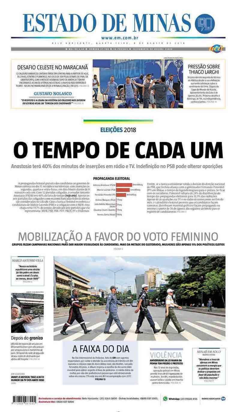 Confira a Capa do Jornal Estado de Minas do dia 08/08/2018