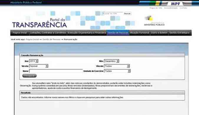 Pgina do MPF: modelo de divulgao de dados ser estudado pelo CNJ(foto: Transparncia.mpf.mp.br/Reproduo)