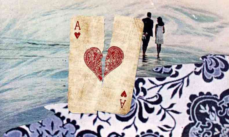 Colagem de um casal caminhando perto de uma praia, com uma carta de baralho de s de copas rasgada atrs deles