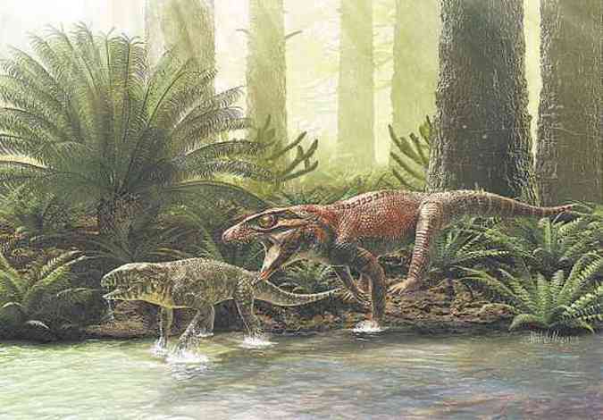 Ilustrao mostra como seriaa aparncia do Gondwanasuchus scabrosus: apesar de no medir mais que 1,3 m,o animal era um predador forte e voraz(foto: THIAGO MARINHO/DIVULGAO)