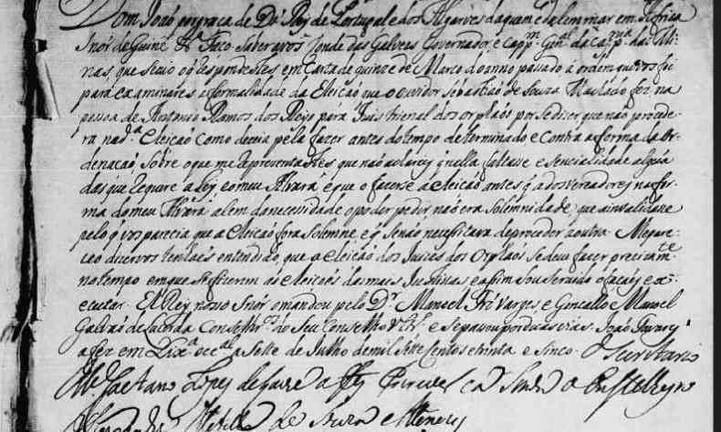 Documento assinado em 2 de dezembro de 1720 por dom Joo V, rei de Portugal, que determinou a separao de Minas e So Paulo(foto: Arquivo Pblico Mineiro/Reproduo)