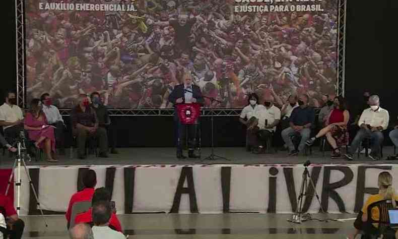 No Sindicato do ABC, Lula discursou pela primeira vez aps se tornar elegvel(foto: Reproduo/YouTube Lula)