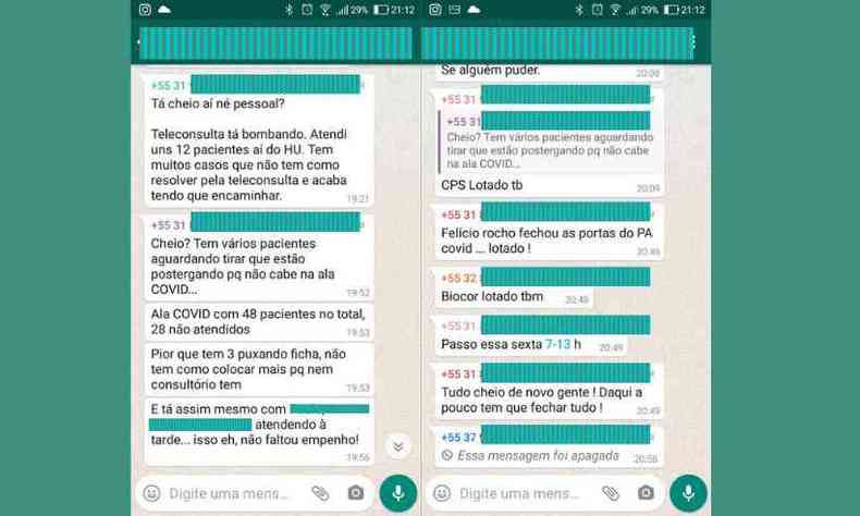 Conversas supostamente antigas viralizaram nesta quarta (18) sugerindo superlotao na rede hospitalar de Belo Horizonte(foto: Reproduo/WhatsApp)