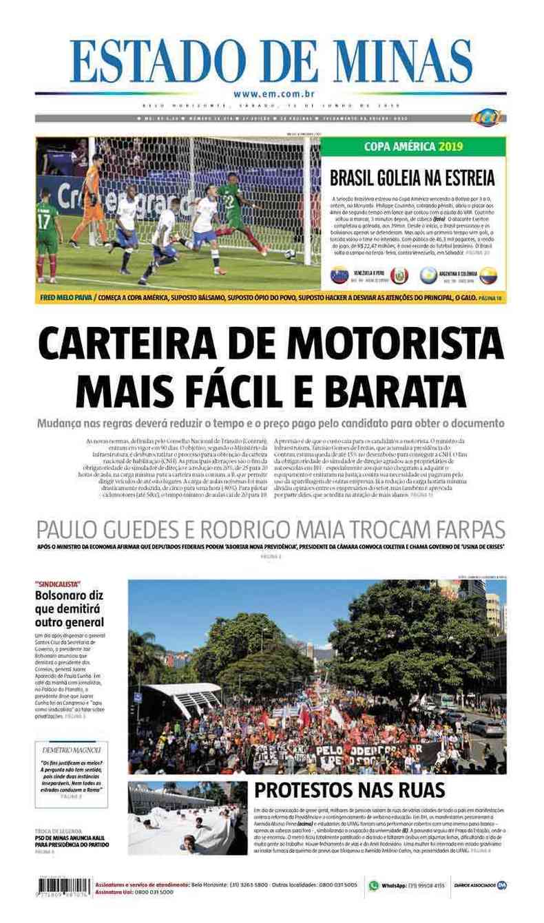 Confira a Capa do Jornal Estado de Minas do dia 15/06/2019(foto: Estado de Minas)