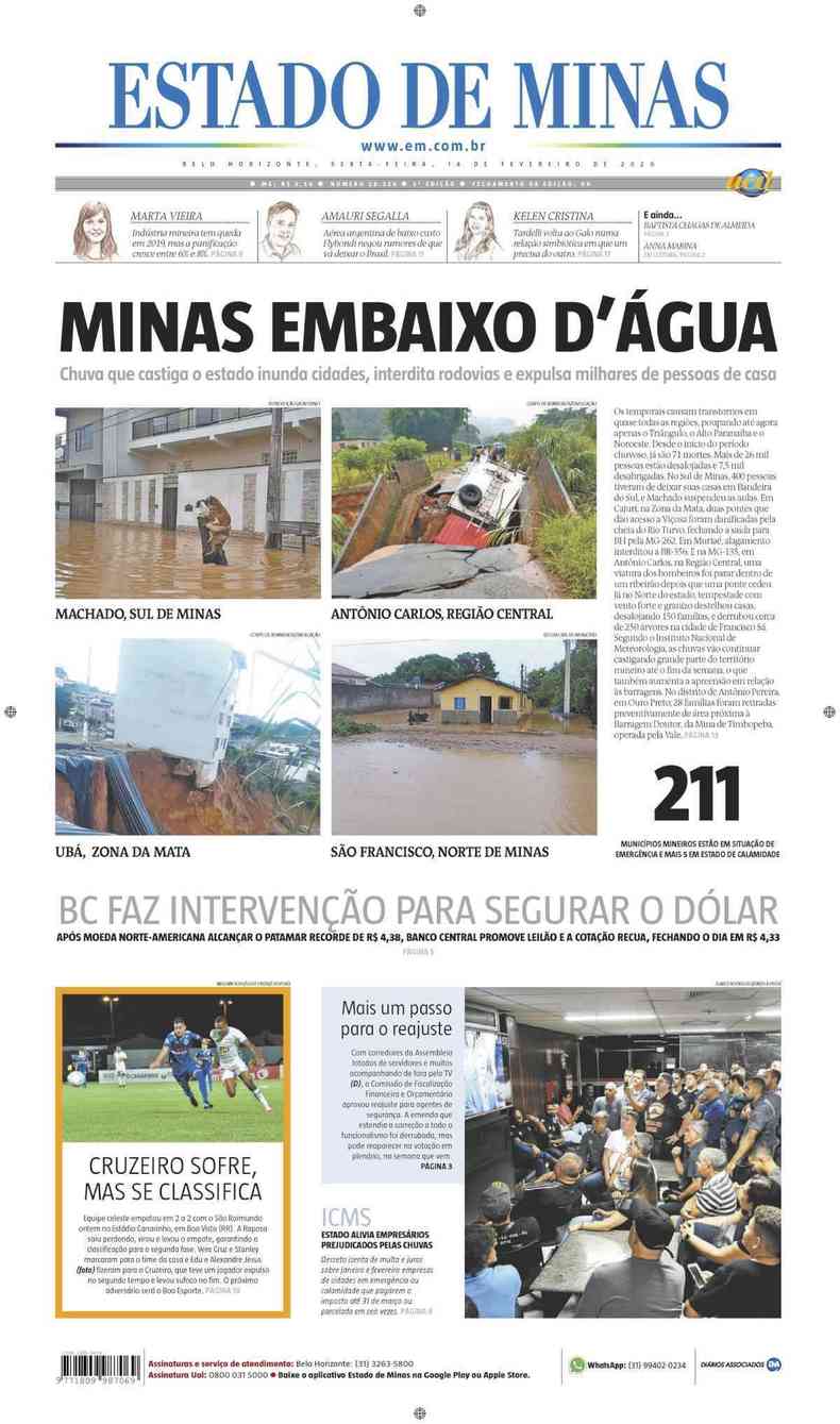 Confira a Capa do Jornal Estado de Minas do dia 14/02/2020(foto: Estado de Minas)