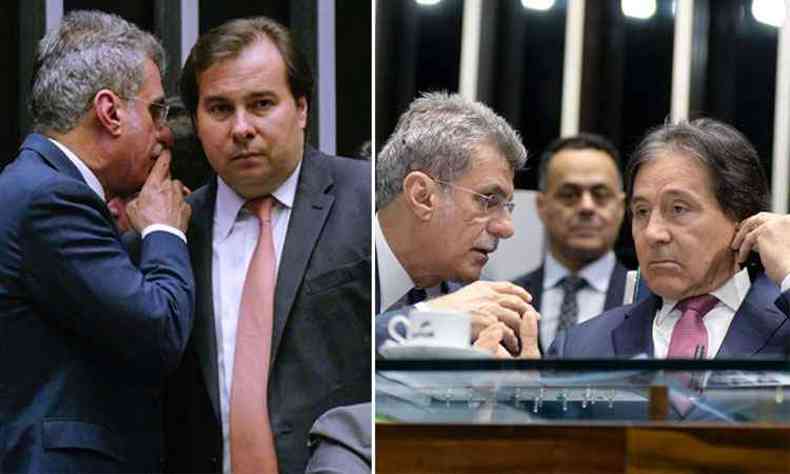 Dois momentos do senador Romero Juc nesta quarta-feira; com os presidentes da Cmara, deputado Rodrigo Maia (E), e do Senado, senador Euncio OLiveira(foto: Roque de S/Agncia Senado e Jefferson Rudy/Agncia Senado )