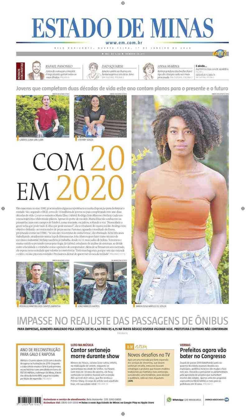 Confira a Capa do Jornal Estado de Minas do dia 01/01/2020(foto: Estado de Minas)