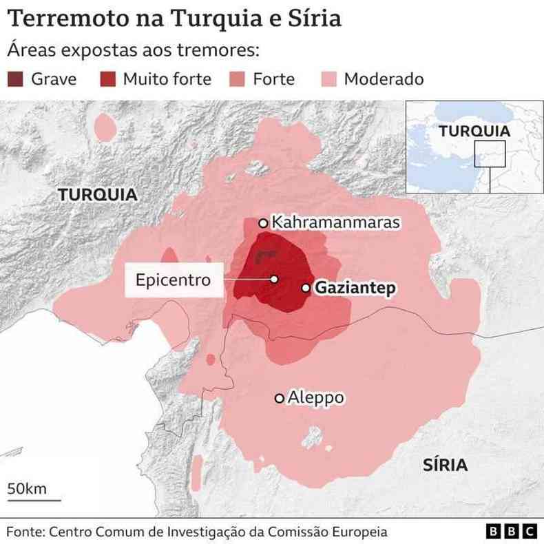 Mapa do terremoto na Turquia e Sria