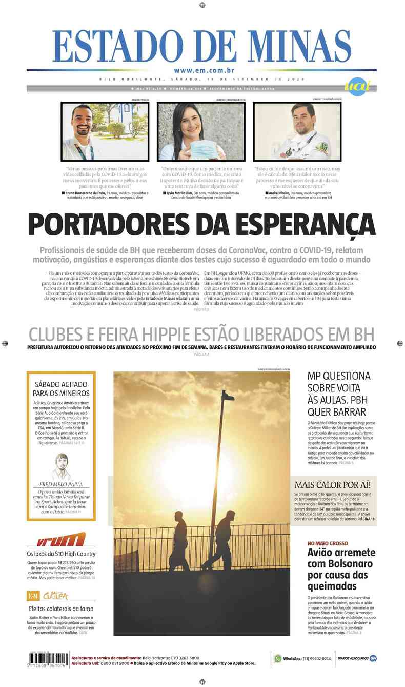 Confira a Capa do Jornal Estado de Minas do dia 19/09/2020(foto: Estado de Minas)