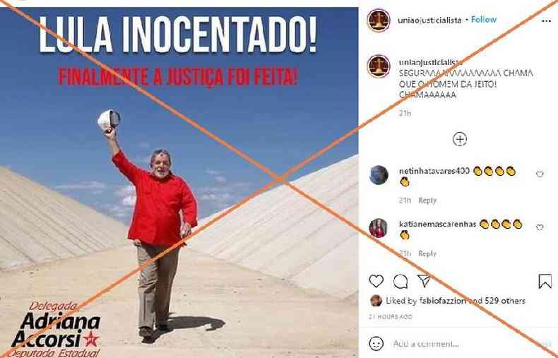 Captura de tela feita em 9 de maro de 2021 de uma publicao no Instagram