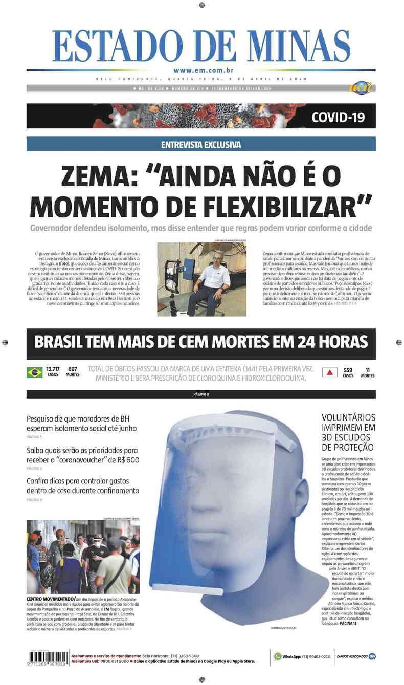 Confira a Capa do Jornal Estado de Minas do dia 08/04/2020(foto: Estado de Minas)