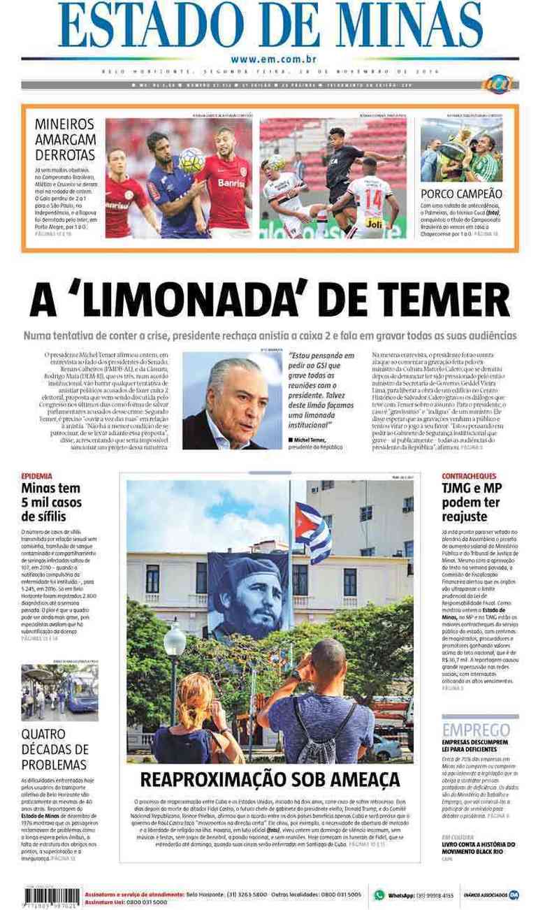 Confira a Capa do Jornal Estado de Minas do dia 28/11/2016