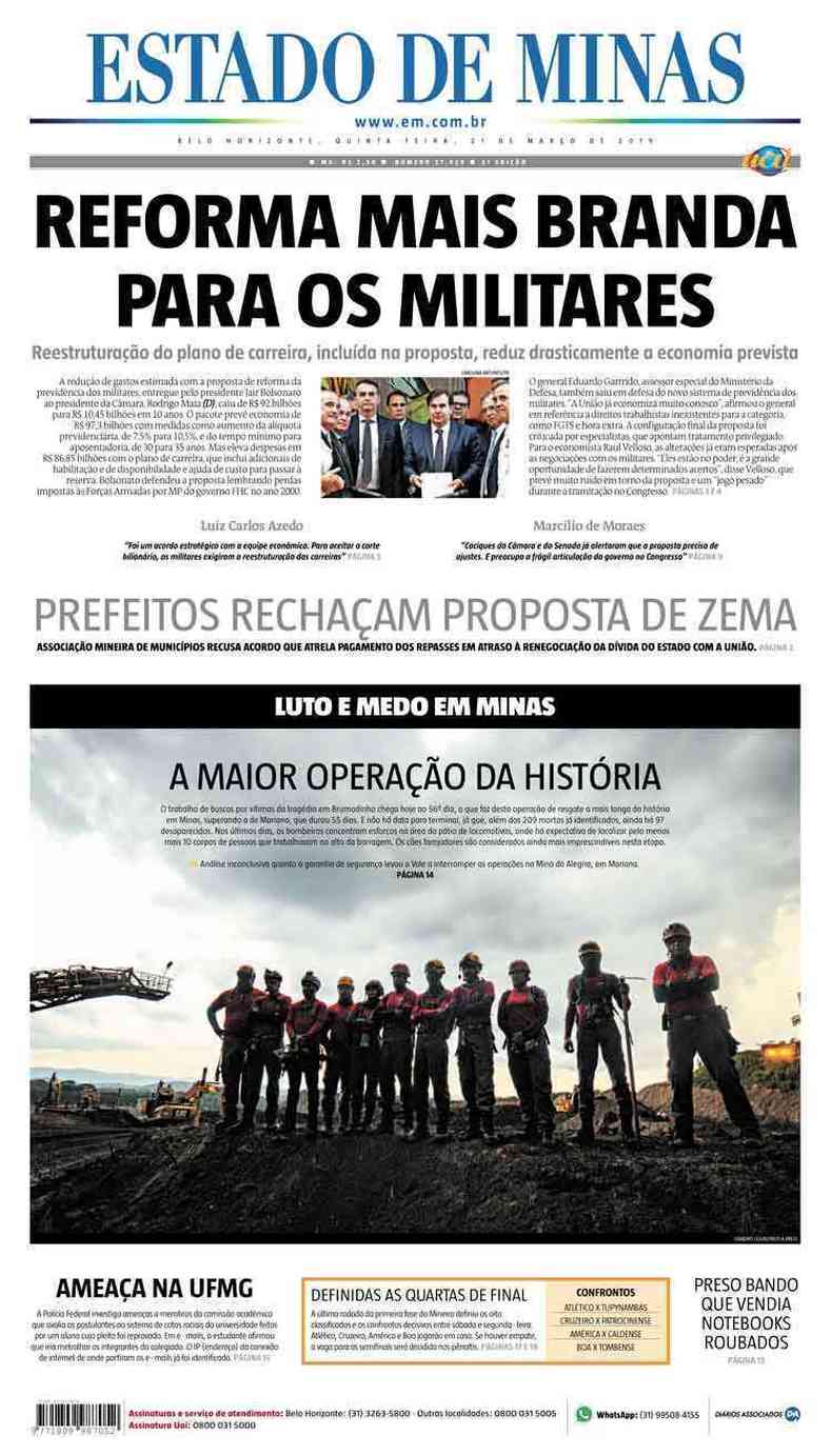 Confira a Capa do Jornal Estado de Minas do dia 21/03/2019(foto: Estado de Minas)