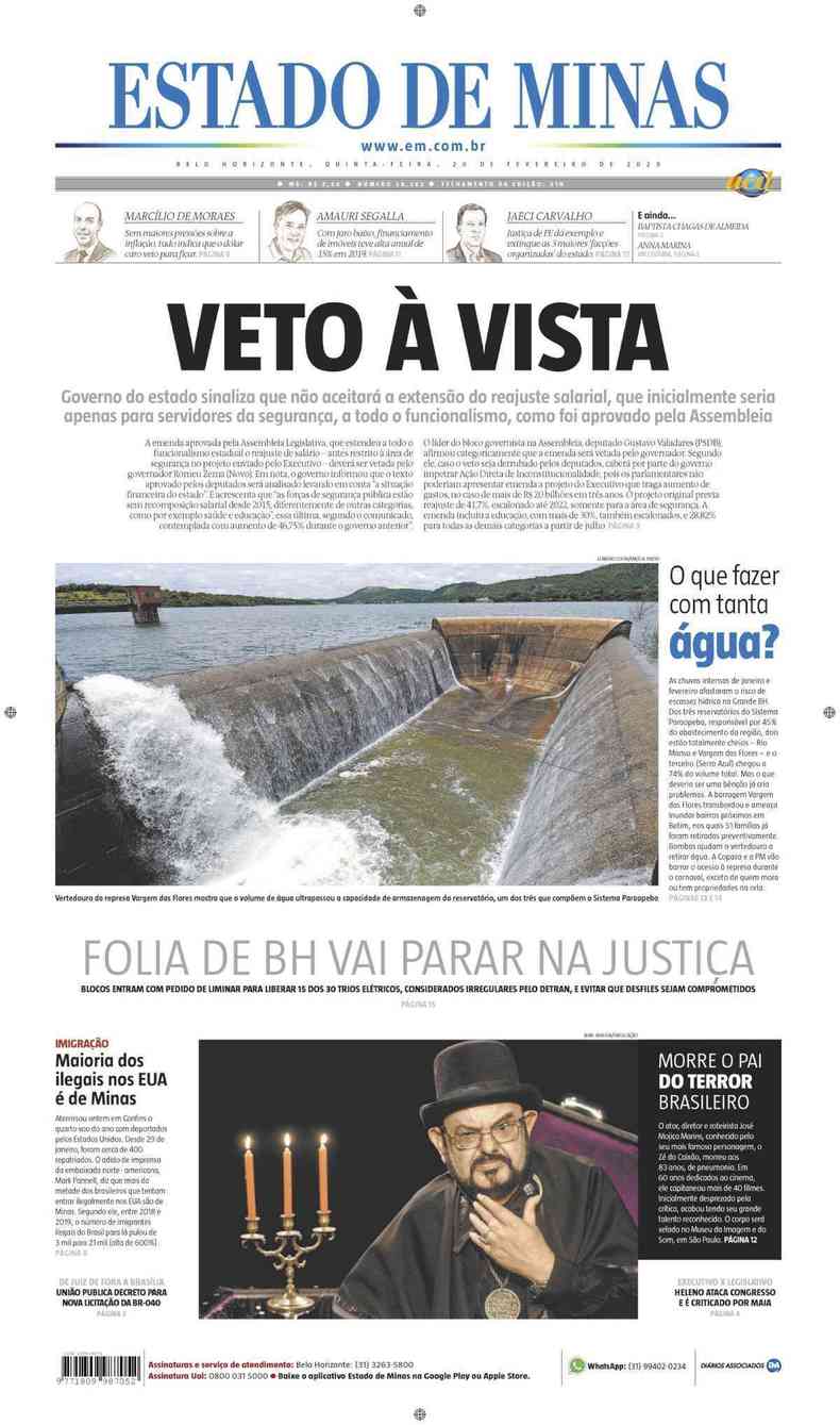 Confira a Capa do Jornal Estado de Minas do dia 20/02/2020(foto: Estado de Minas)
