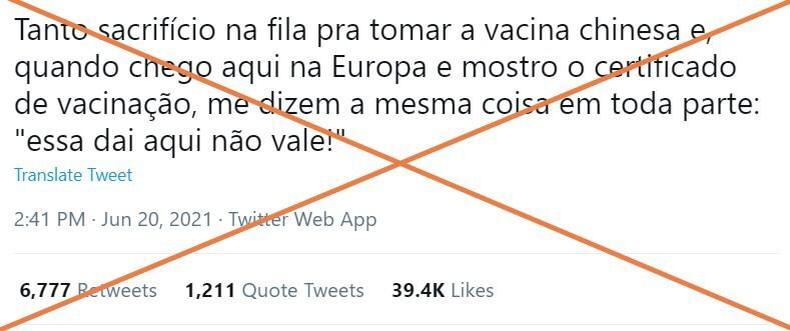 Captura de tela feita em 22 de junho de 2021 de uma publicao do Twitter