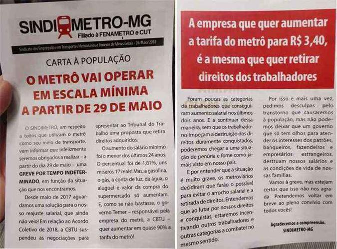 Pela manhã metroviários distribuíram panfletos nas estações anunciando o protesto(foto: Lucas Negrisoli/Divulgação) Pela manhã metroviários distribuíram panfletos nas estações anunciando o protesto(foto: Lucas Negrisoli/Divulgação)