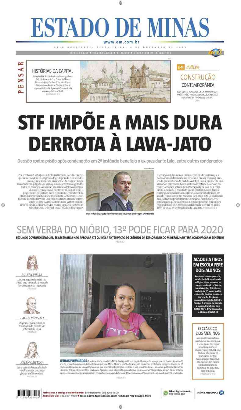 Confira a Capa do Jornal Estado de Minas do dia 08/11/2019(foto: Estado de Minas)