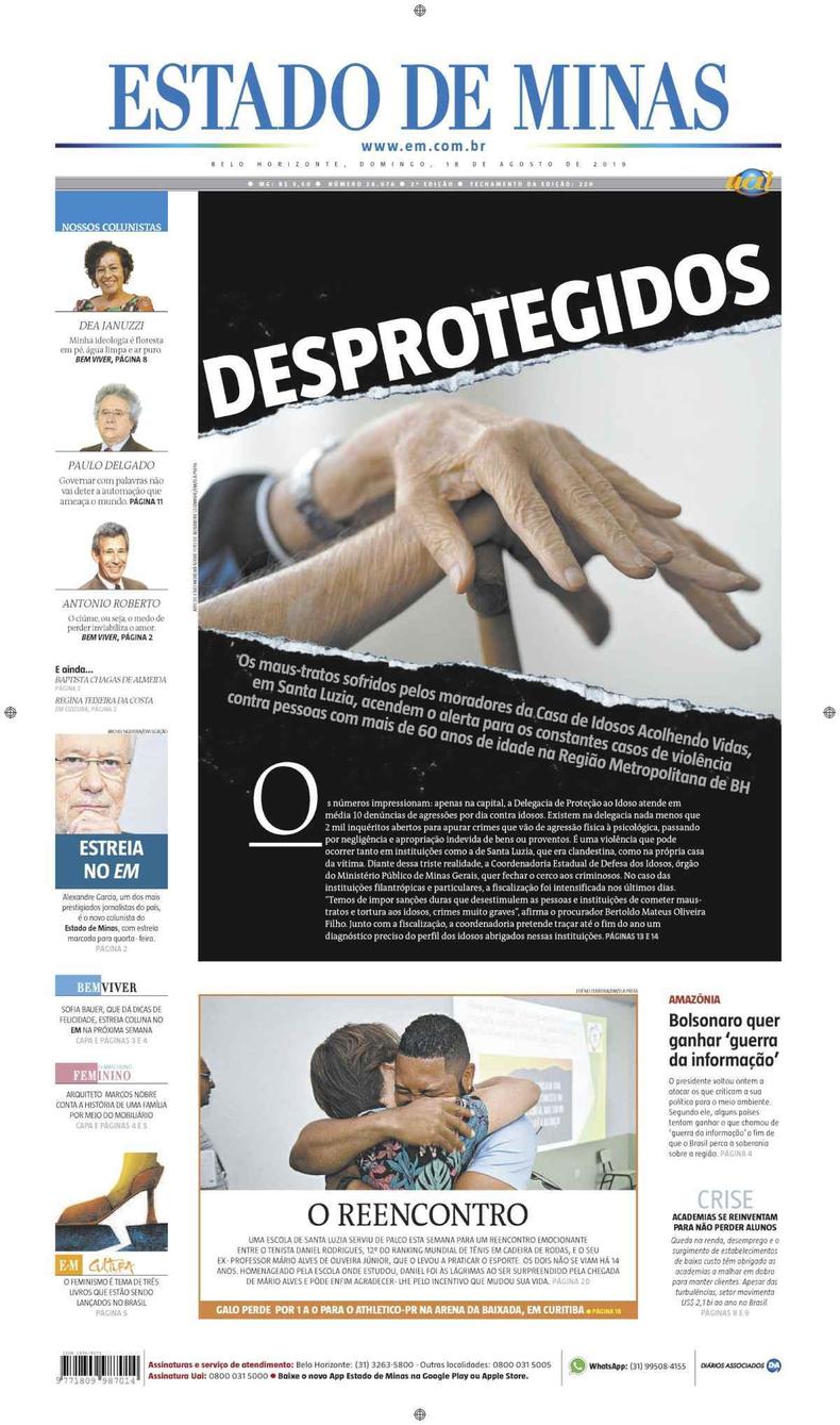 Confira a Capa do Jornal Estado de Minas do dia 18/08/2019(foto: Estado de Minas) Confira a Capa do Jornal Estado de Minas do dia 18/08/2019(foto: Estado de Minas)
