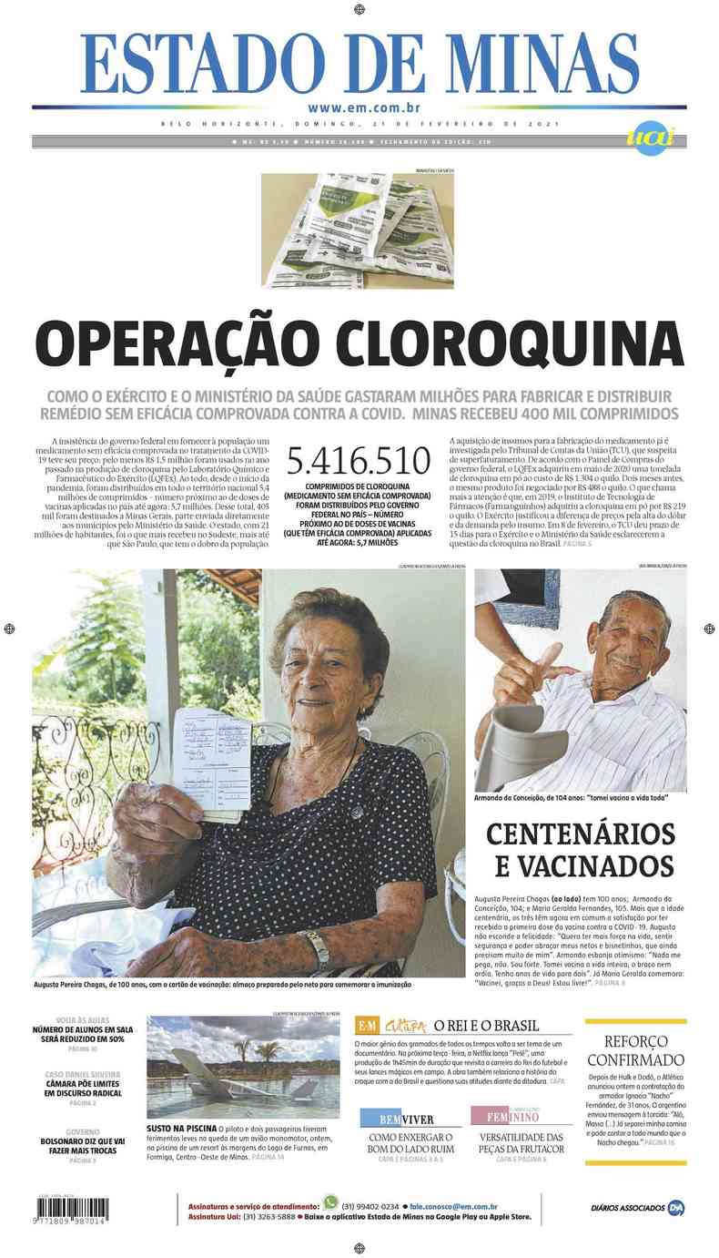 Confira a Capa do Jornal Estado de Minas do dia 21/02/2021(foto: Estado de Minas)