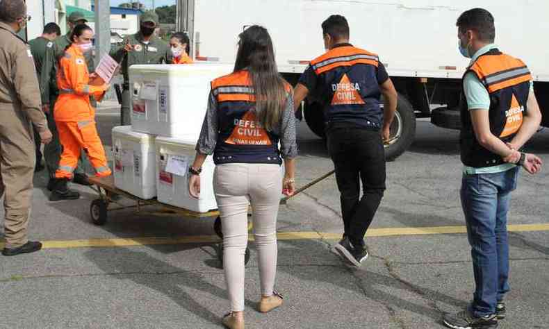 Mais doses de vacinas chegaram nesta segunda (1/3) no Aeroporto da Pampulha, em BH(foto: Edsio Ferreira/EM/D.A Press)