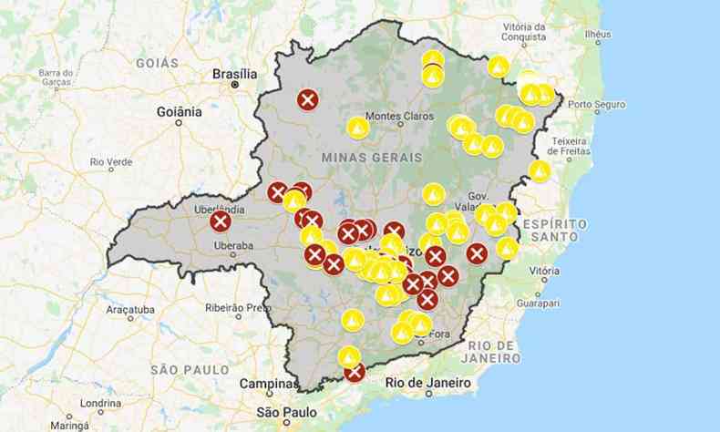 Mapa interdies nas rodovias de Minas por conta das chuvas