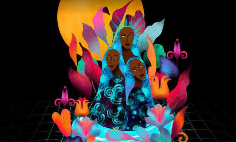 Arte ilustrando trs mulheres negras com mantos azuis em fundo colorido remetendo a natureza