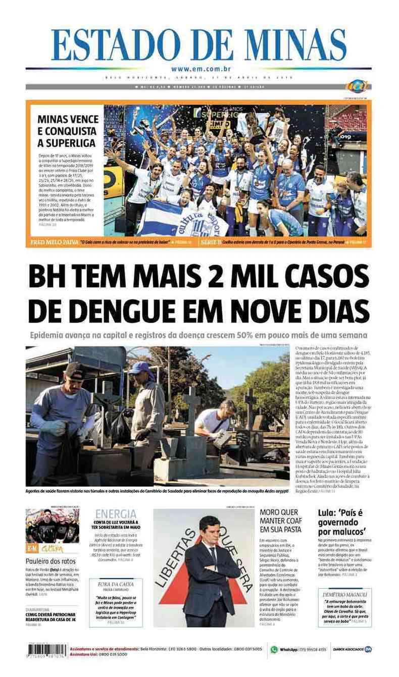 Confira a Capa do Jornal Estado de Minas do dia 27/04/2019(foto: Estado de Minas)