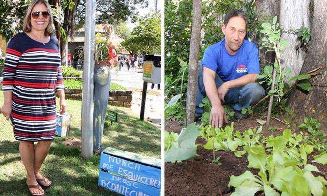 Trabalho e educação - A artista plástica Estella Cruzmel (E)limpa diariamente a Praça Salvador Morici, rega plantas e ainda deixa livros sobre os bancos, num convite à leitura / Horta urbana - O lanterneiro Odilon Rodrigues da Silva (D) cultiva canteiro ao lado da oficina onde trabalha, fonte de alimentos gratuitos para a vizinhança(foto: Edésio Ferreira/EM/D.A Press) Trabalho e educação - A artista plástica Estella Cruzmel (E)limpa diariamente a Praça Salvador Morici, rega plantas e ainda deixa livros sobre os bancos, num convite à leitura / Horta urbana - O lanterneiro Odilon Rodrigues da Silva (D) cultiva canteiro ao lado da oficina onde trabalha, fonte de alimentos gratuitos para a vizinhança(foto: Edésio Ferreira/EM/D.A Press)
