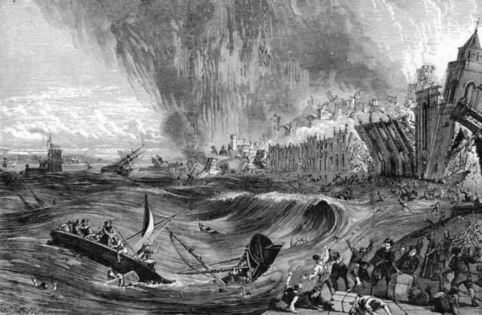 Pintores e desenhistas dos séculos 18 e 19 retrataram a fúria das águas do Rio Tejo, que invadiram Lisboa e causaram muita destruição(foto: Reprodução) Pintores e desenhistas dos séculos 18 e 19 retrataram a fúria das águas do Rio Tejo, que invadiram Lisboa e causaram muita destruição(foto: Reprodução)