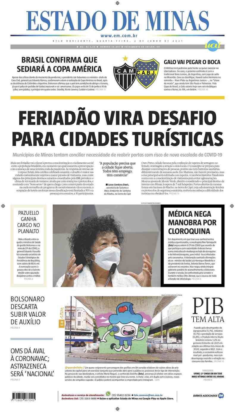 Confira a Capa do Jornal Estado de Minas do dia 02/06/2021(foto: Estado de Minas)