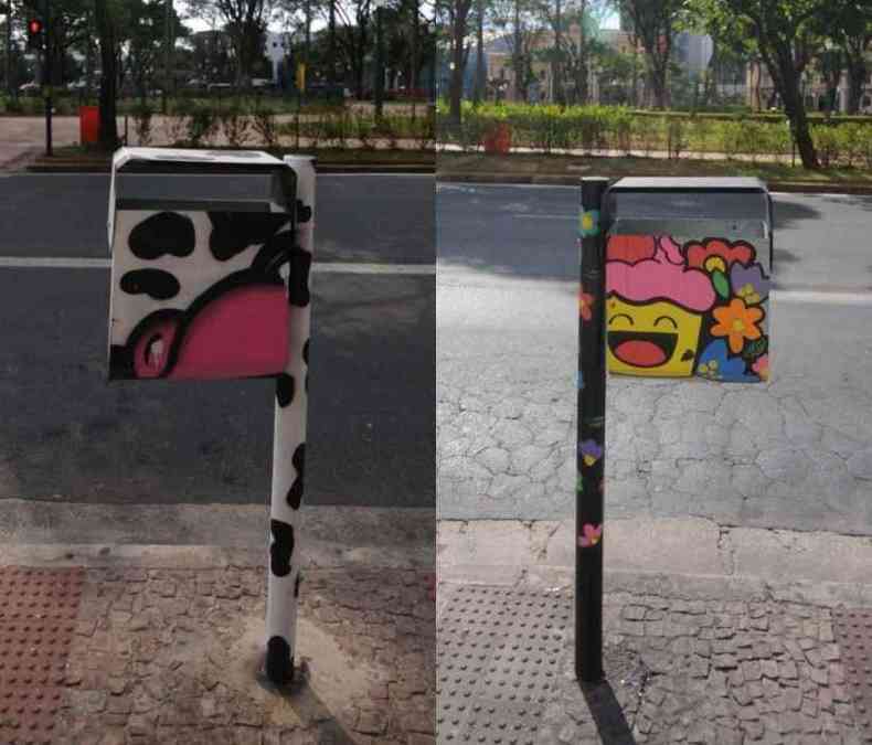 Pinturas enfeitam as lixeiras instaladas na Praça da Liberdade: 'recordação' dos grafites que foram usados nos tapumes durante a reforma do cartão-postal(foto: Alexandre Guzanshe/EM/D.A Press)