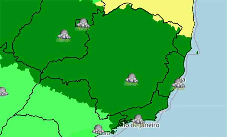 Faixa verde escura que indica pancadas de chuva encobre todo estado de Minas Gerais segundo previso do intemt