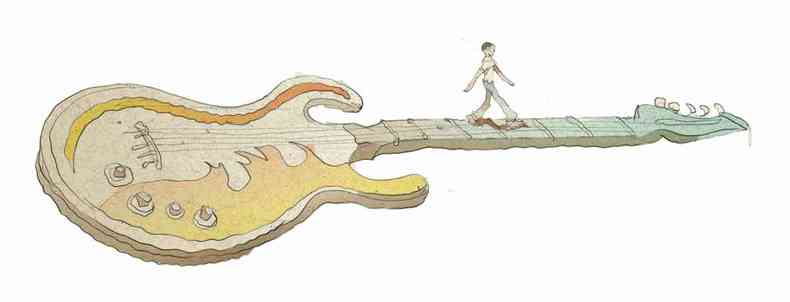 Ilustrao mostra guitarra e homem em cima dela, como se o instrumento musical fosse uma ponte