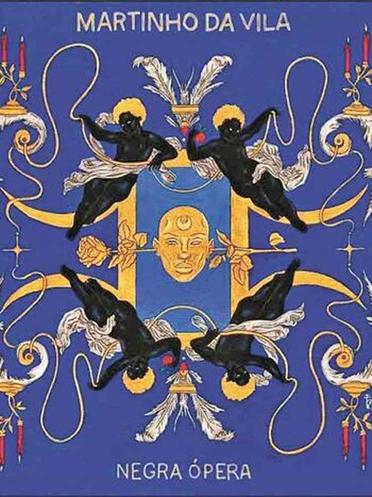 capa do disco Negra opera tem anjos barrocos negros sobre fundo azul