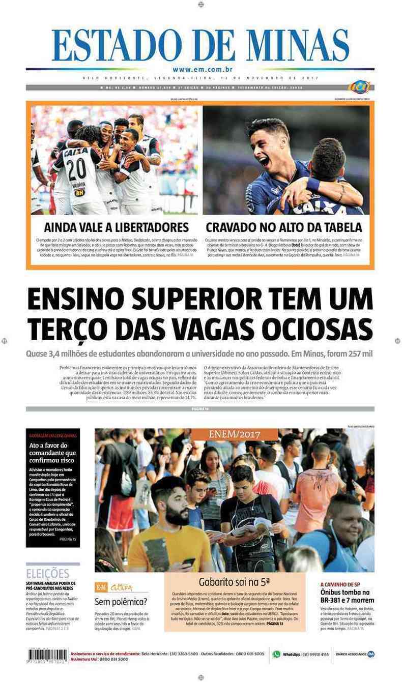 Confira a Capa do Jornal Estado de Minas do dia 13/11/2017