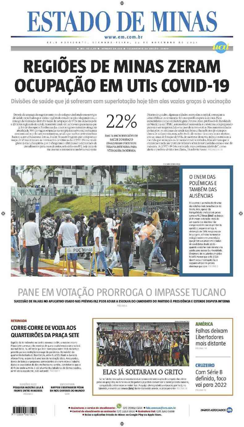 Confira a Capa do Jornal Estado de Minas do dia 22/11/2021