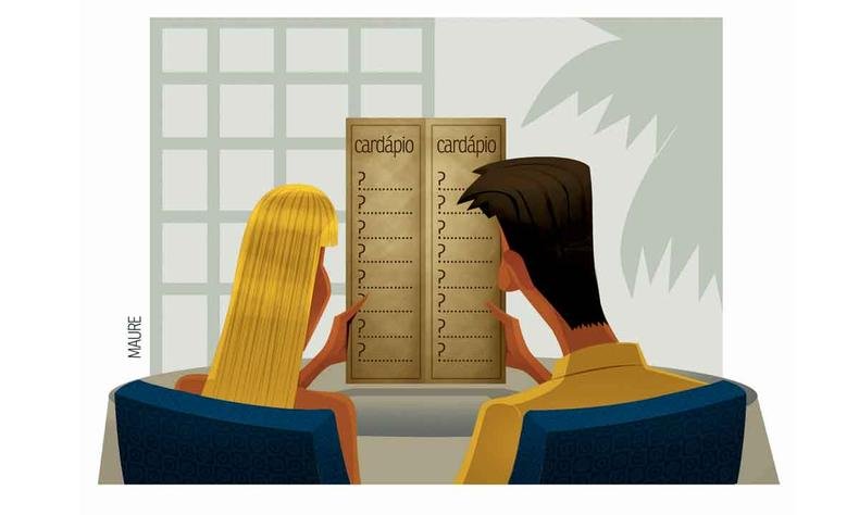 Ilustrao mostra casal de costas, no restaurante, lendo menu onde h interrogaes 