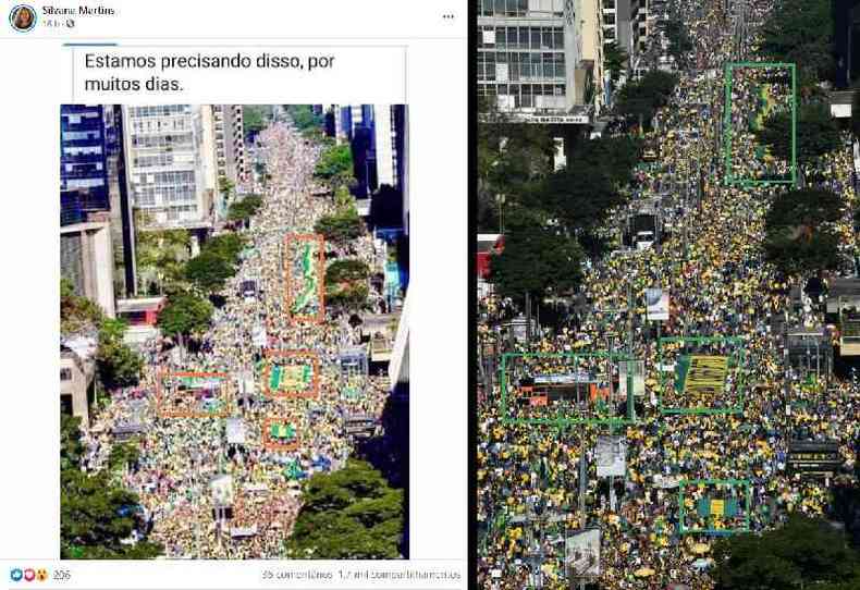 Comparao feita em 16 de maro de 2021 de imagem compartilhada no Facebook (esquerda) e de foto do protesto de 26 de maio de 2019 na Avenida Paulista, So Paulo, feita pela AFP