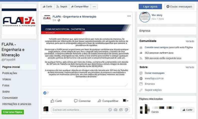 Pgina da empresa no Facebook emitiu nota e reproduziu determinao da Justia(foto: Facebook/Reproduo)