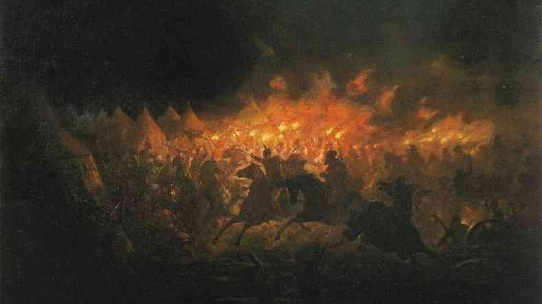 'O Ataque Noturno em Trgovi%u0219te', uma batalha travada entre as foras de Vlad, o Empalador e o Sulto Mehmed 2 em 1462, pintada por Theodor Aman