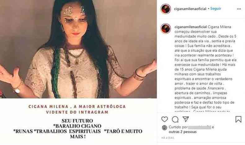 Cigana Milena prossegue divulgando os 'trabalhos' pelo Instagram(foto: Reproduo/Redes Sociais)
